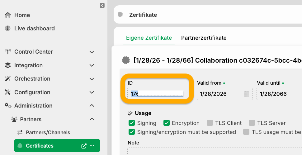 Certificate management interface showing ID and usage details for encryption and signing.
